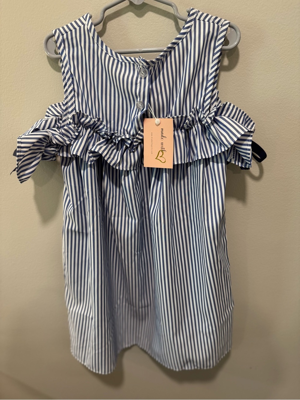 Striped Blue & White Ruffle Cold-Shoulder Kids Dress